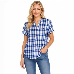 Kansas Jayhawks Womens Top Size Small Plaid Short Sleeve Blouse Relaxed Fit New